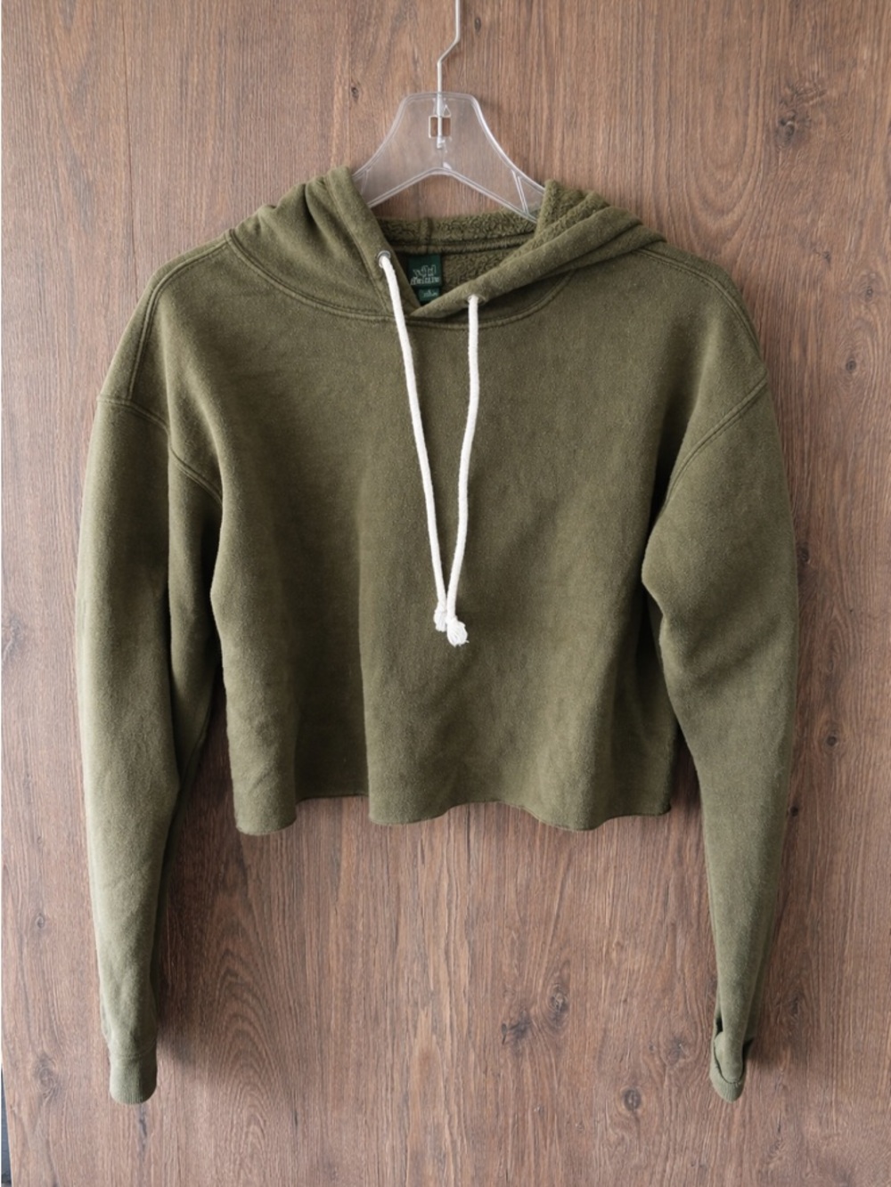 Cropped Olive Green Hoodie with Drawstring Size S